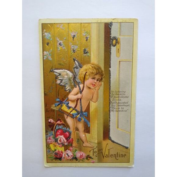 Valentines Day Postcard Cupid Angel Series No 1 Embossed Glitter Echo Of Love - Picture 5 of 8